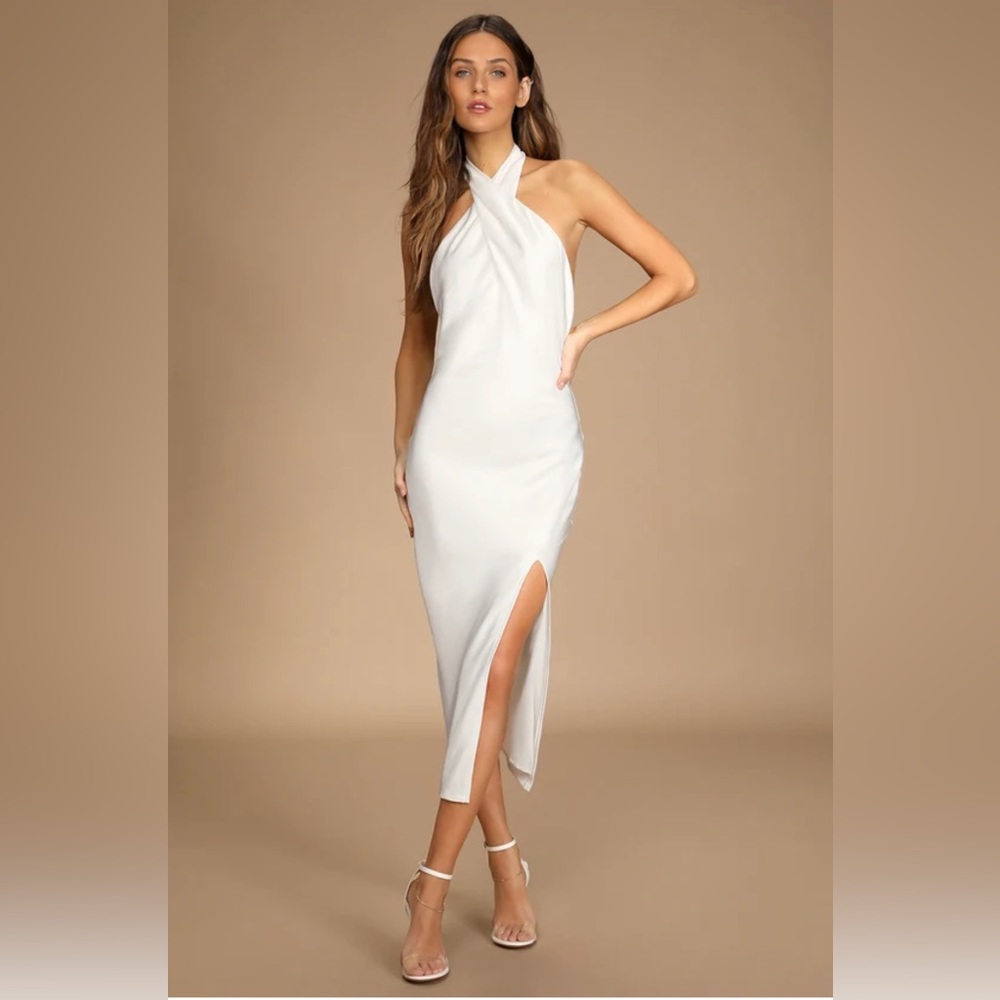 Lulu’s Beyond Classy White Satin Halter Dress NWT